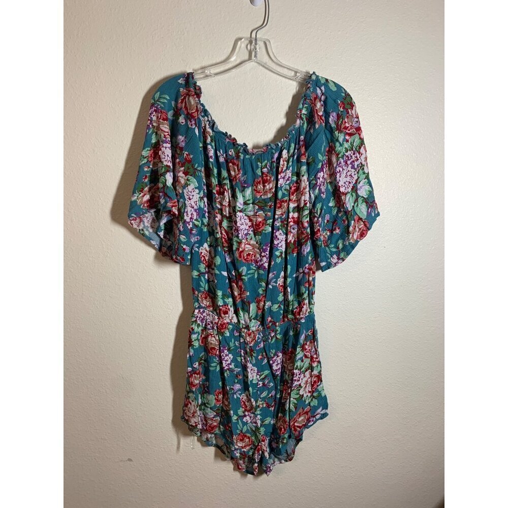 Kori America Off Shoulder Castlecore Boho Romper Sz Medium Blue Floral Cottage